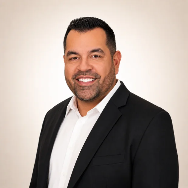 Smiling man in a black suit jacket and white shirt poses against a plain light background.
