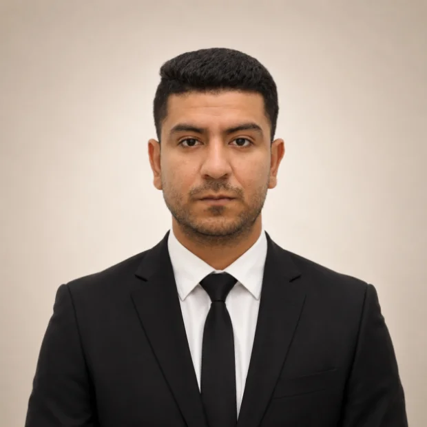 Man in a black suit and tie with short dark hair, posing for a formal portrait against a plain background.