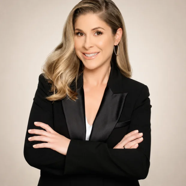 Smiling woman with long blonde hair in a black blazer, arms crossed, standing against a plain background.