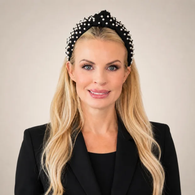 Woman with long blonde hair, wearing a black blazer and a black headband with pearls, smiling at the camera.